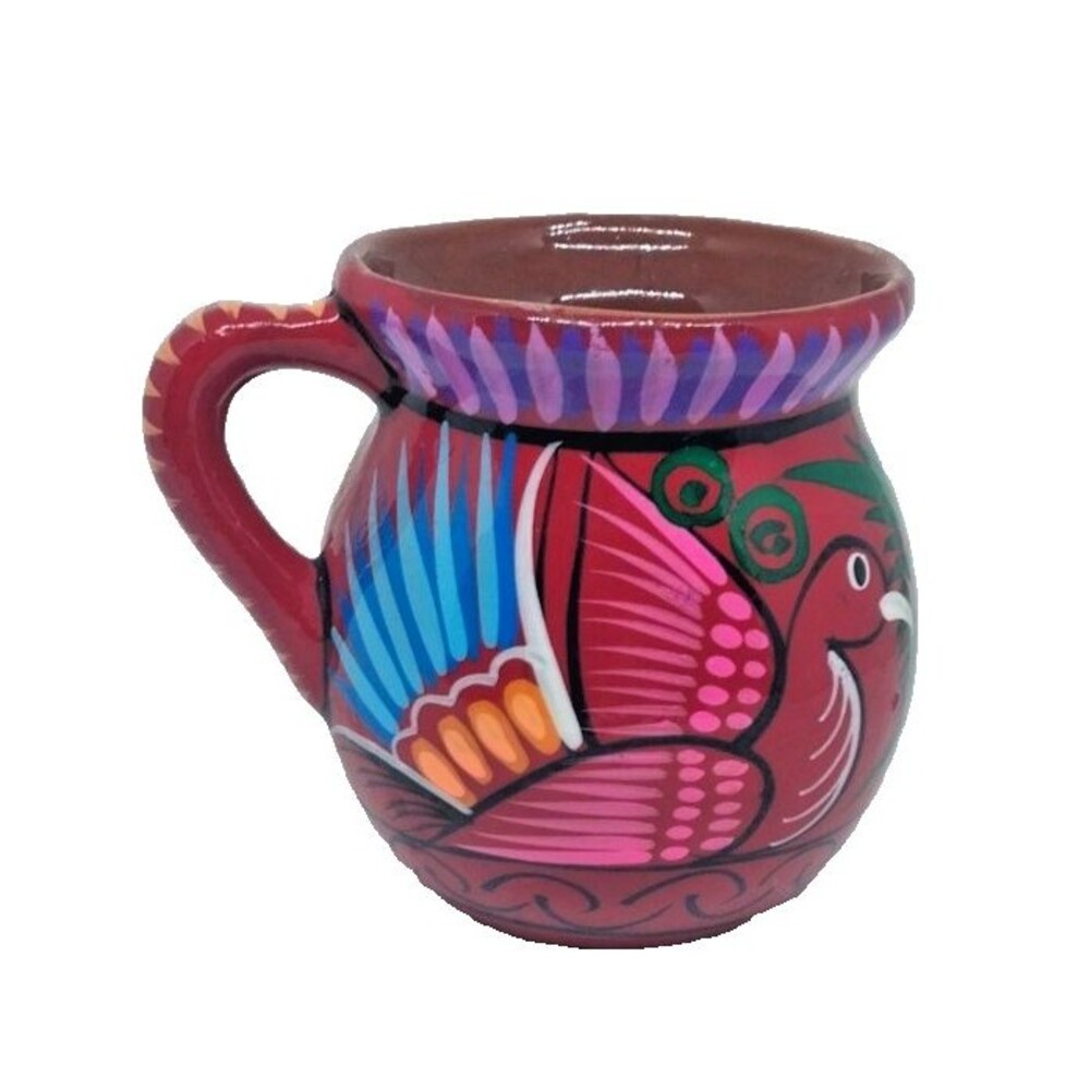 Mexican Terracotta Art Pottery Hand-Painted 3.75” Glazed Flower Bird Mug Cup